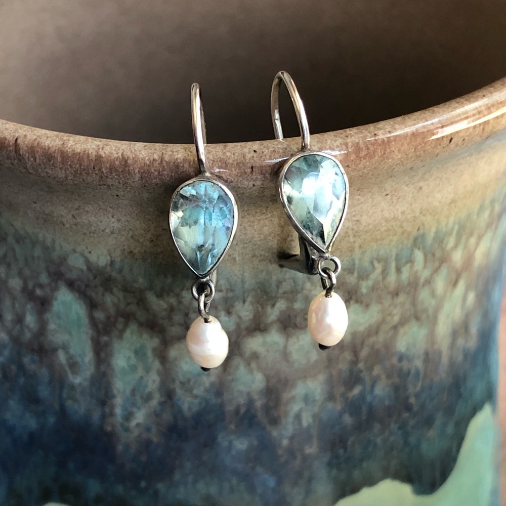 Dainty Silver, Pearl and Aquamarine Earrings
